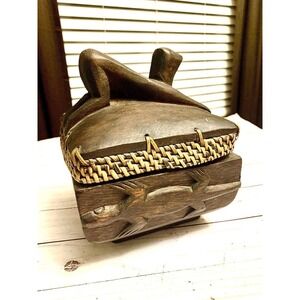 AFRICAN PRIMITIVE HAND CARVED MONKEY ON TOP FIGURE OLIVE WOOD LIDDED BOX